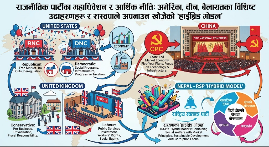 राजनीतिक पार्टीका महाधिवेशन र आर्थिक नीति: अमेरिका, चीन, बेलायतका विशिष्ठ उदाहरणहरु र रास्वपाले अपनाउन खोजेको ‘हाईब्रिड मोडल’